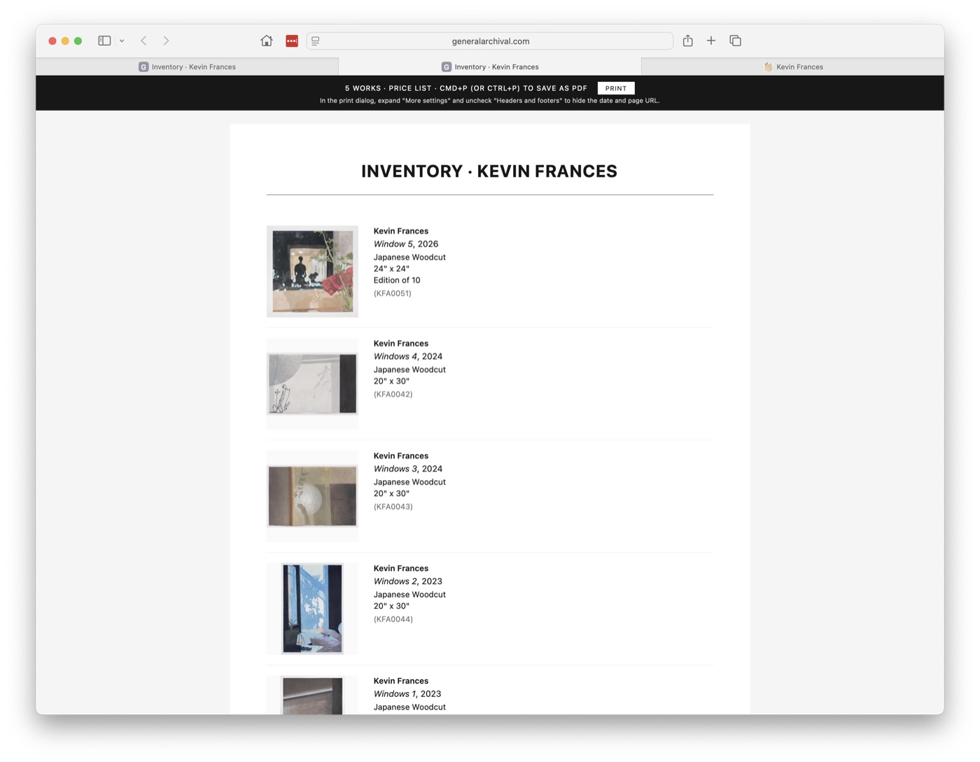 A generated price list document, ready to save as PDF