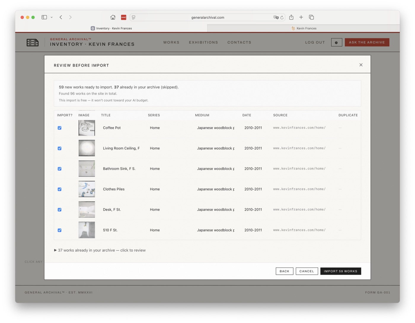The review-before-import screen listing works found on a website, with duplicates already detected